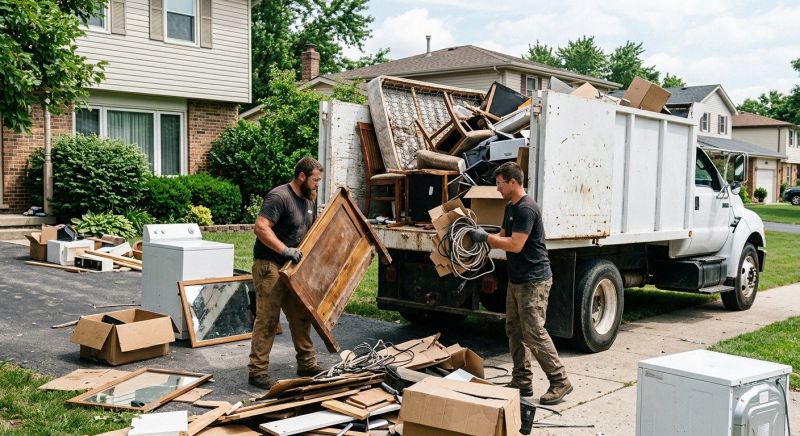Two-man crew carrying furniture and loading a junk truck in a residential driveway