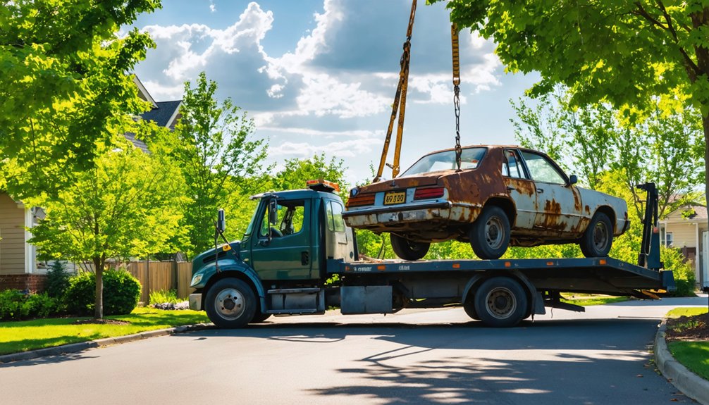 Rusty junk car being loaded onto a flatbed for removal