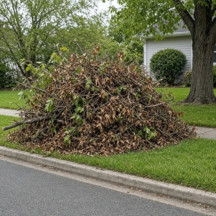 Large pile of branches and yard waste at the curb